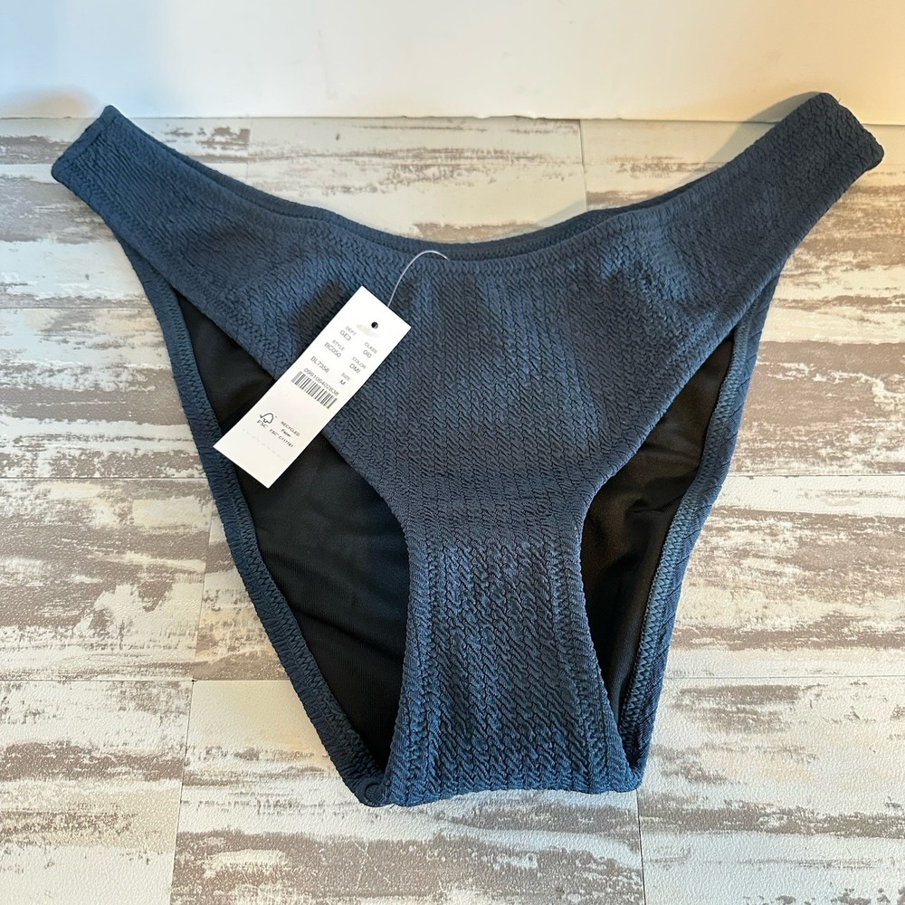 J.Crew Textured Curved-Waist Cheeky Bikini Bottom Navy Blue Size M Style BC050‎